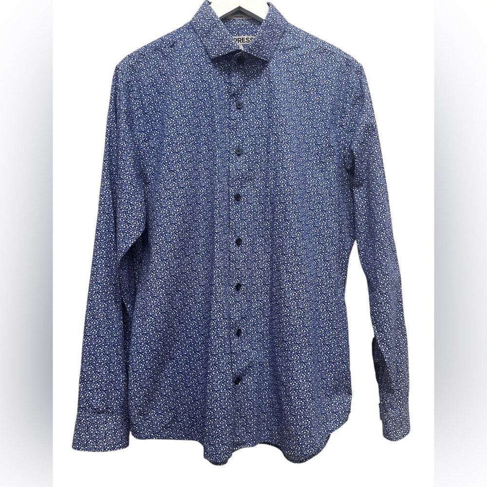 Express Fitted Shirt Mens Sz L 16-16.5 Blue W/White Flower Button Up Long Sleeve